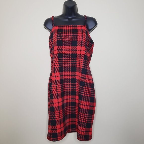 SHEIN Dresses & Skirts - SHEIN 90'S Y2K Black & Red Plaid Square Neck Bodycon Stretch Midi Dress Size 2XL